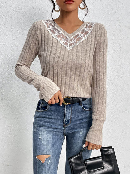 Perfee Lace Detail Ribbed V-Neck Long Sleeve Top Trendsi 0005d7d4a9694f2684d5e5a0db92a1e9-Max