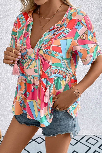 Printed Tie Neck Short Sleeve Blouse Trendsi 0016e9514d834222b20c73586c1bd80a-Max
