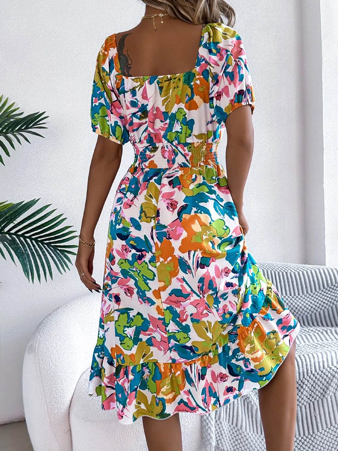 Ruffled Hem Smocked Floral Short Sleeve Midi Dress Trendsi 0025a393-135d-4722-9df7-88851811cd93-Max-Origin