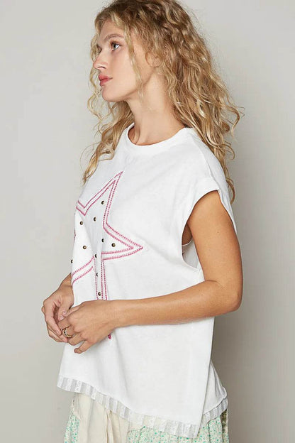 POL Star Patch Studded Sleeveless T-Shirt with Lace Hem Trendsi 0028feab-7942-456e-b10e-5fe77046b166-Max-Origin