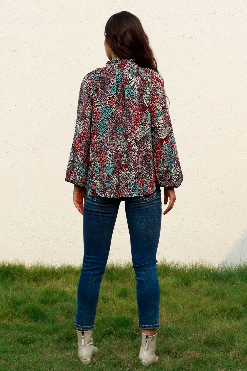 Tie Neck Heathered Balloon Sleeve Blouse Trendsi 003212effcf343a5a83f2ebb4c262a61-Max