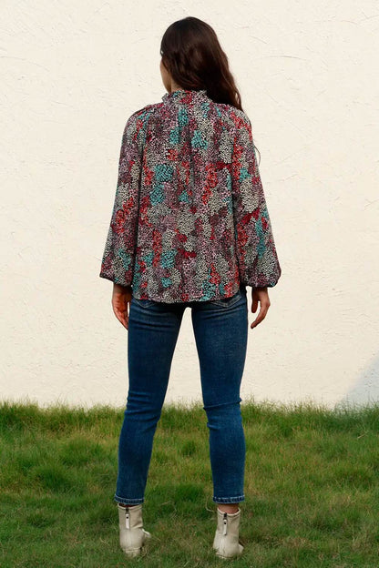 Tie Neck Heathered Balloon Sleeve Blouse Trendsi 003212effcf343a5a83f2ebb4c262a61-Max