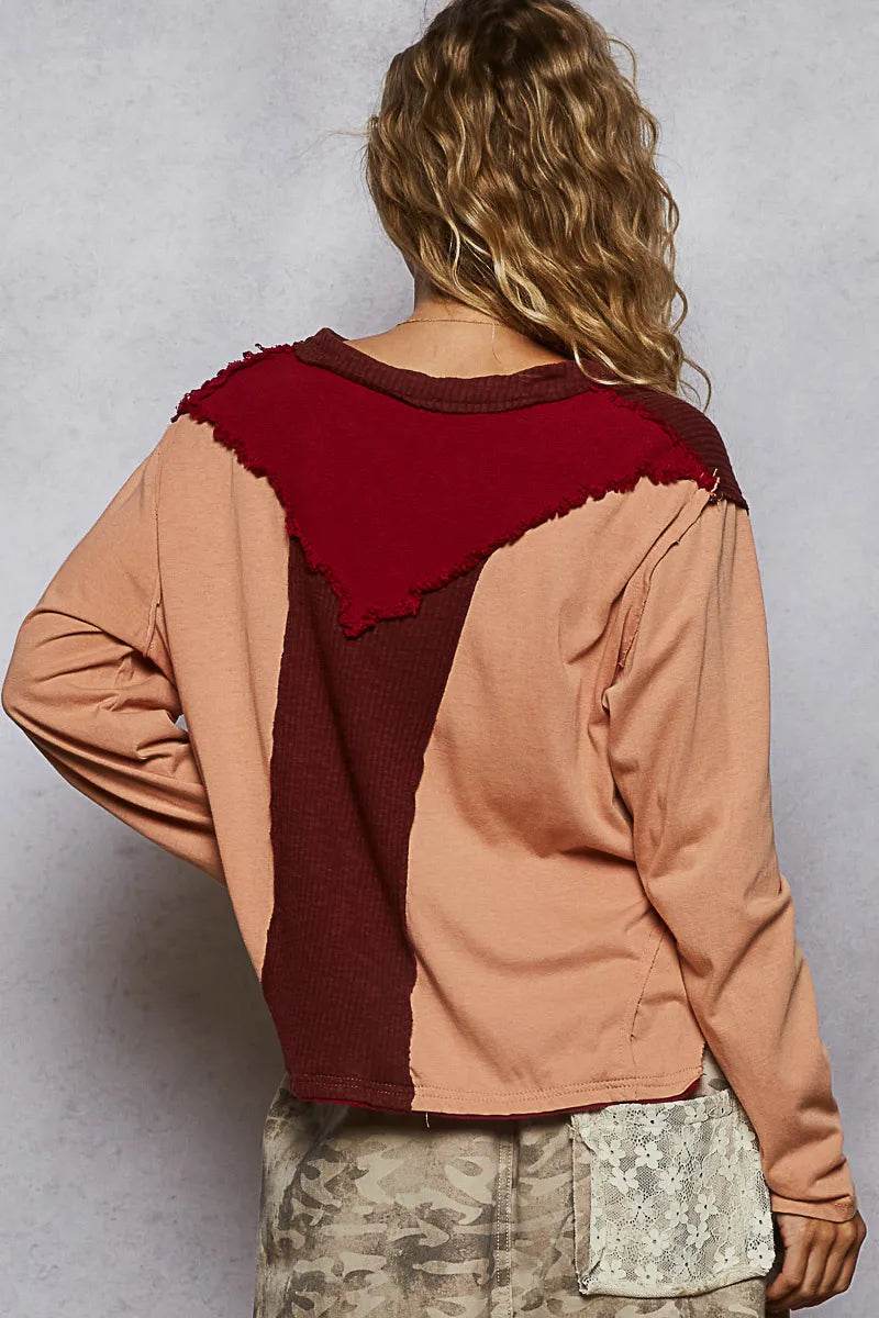 POL Color Block Notched Long Sleeve T-Shirt Trendsi 004cdc82-b3ae-4182-9250-27debf9f85f1-Max-Origin