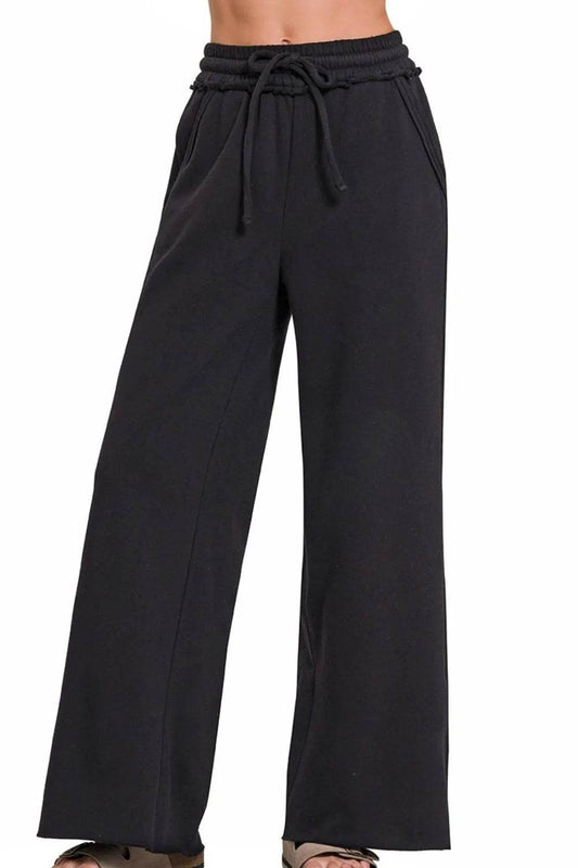Zenana Fleece Exposed Seam Wide Leg Sweatpants BLACK Trendsi 00669b08-db36-4e47-8932-375278cfb5dc-Max-Origin