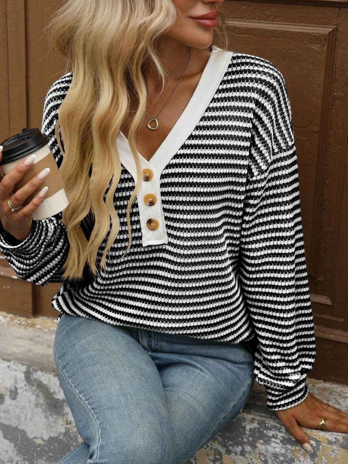 Striped V-Neck Button Front Casual Top Trendsi 00ed4c9834f8438183c6ccf7fdce663a-Max-Origin