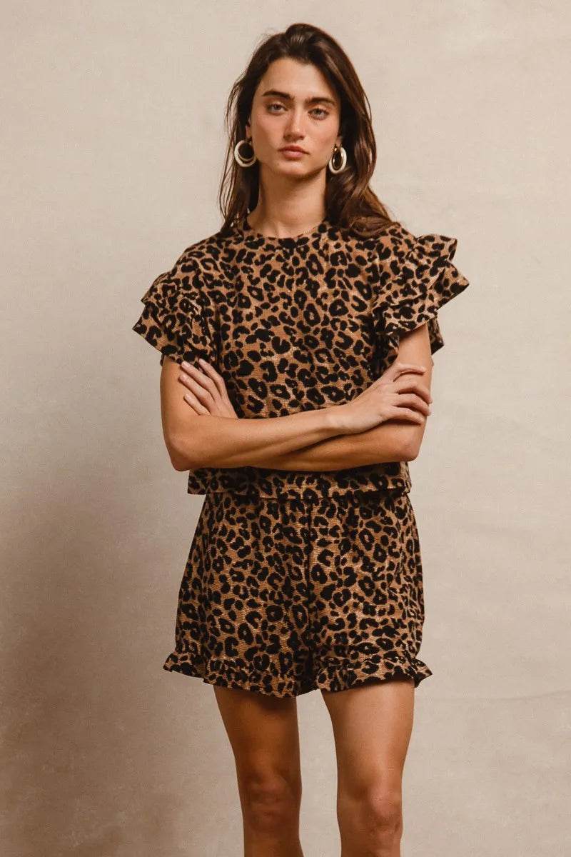 BiBi Leopard Print Waffle Texture Layered Ruffle Sleeve Top and Shorts Set Trendsi 00f3ac27da3e40c8b6a79f190f17506d-Max-Origin