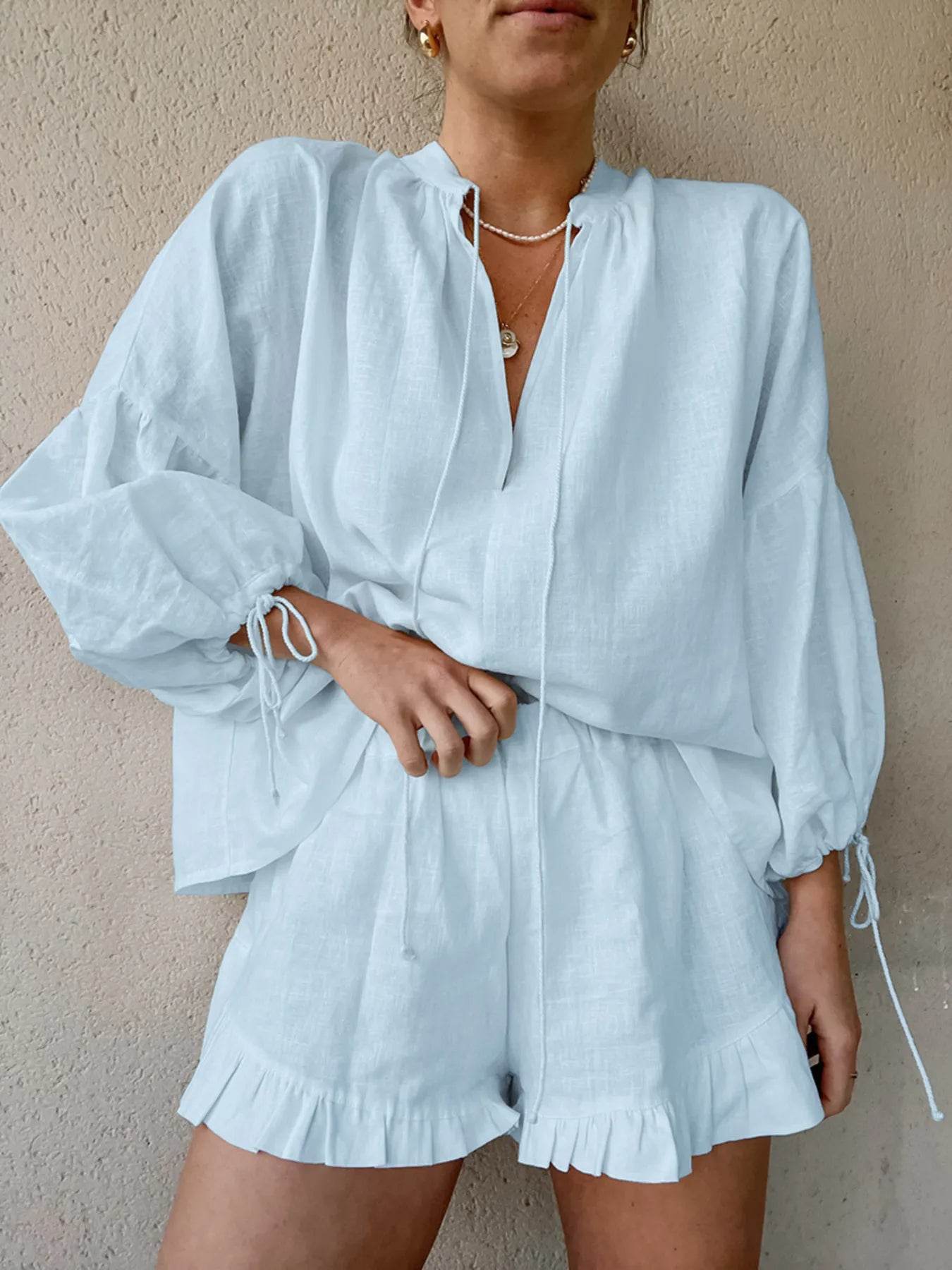 Tie Neck Balloon Sleeve Blouse and Shorts Set Trendsi 011054fc01b940af847918e4f7deabaa-Max-Origin