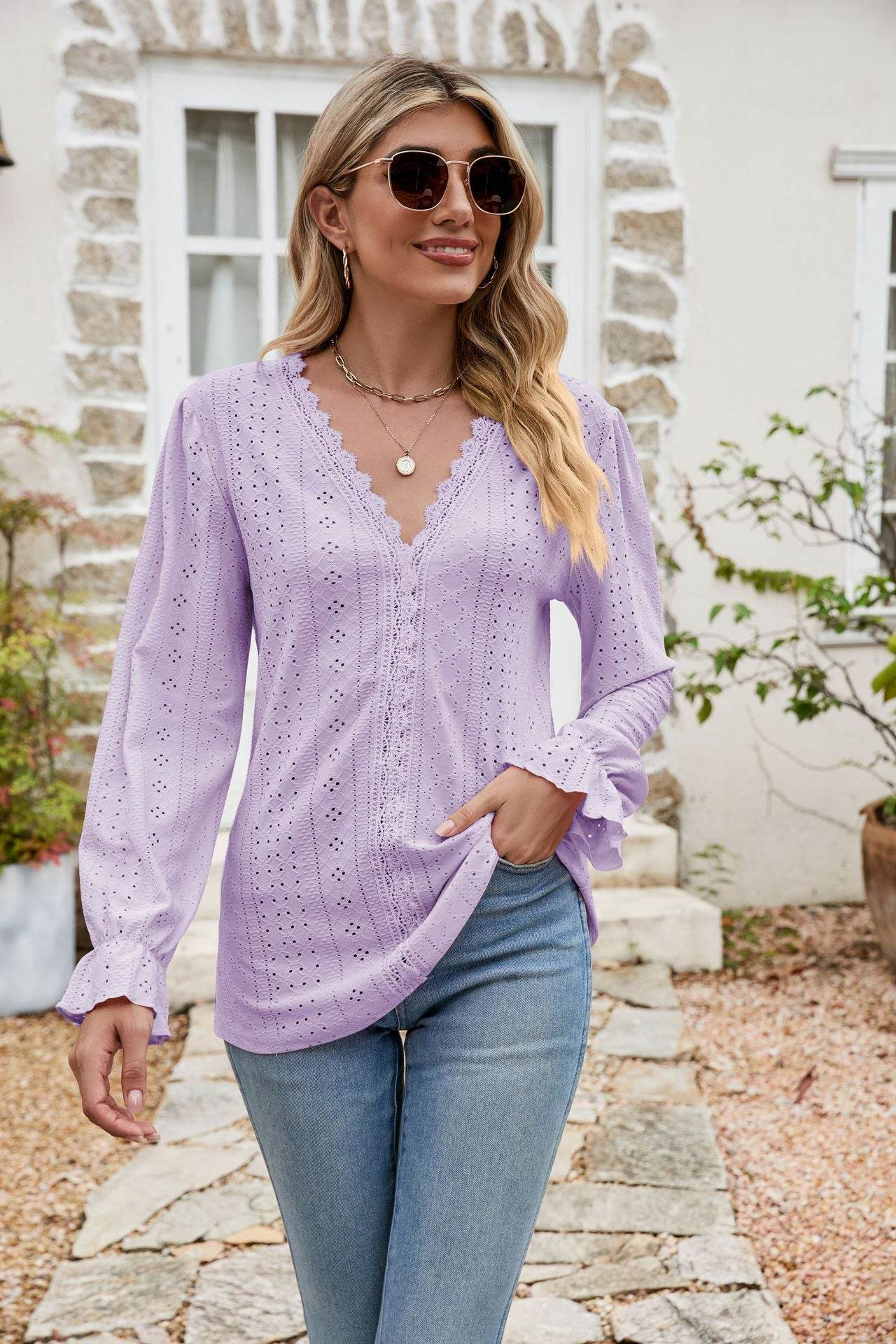 Eyelet Lace Trim Flounce Sleeve Blouse Trendsi 011583546e7a4b32b0a0aebb7b657ddd-Max
