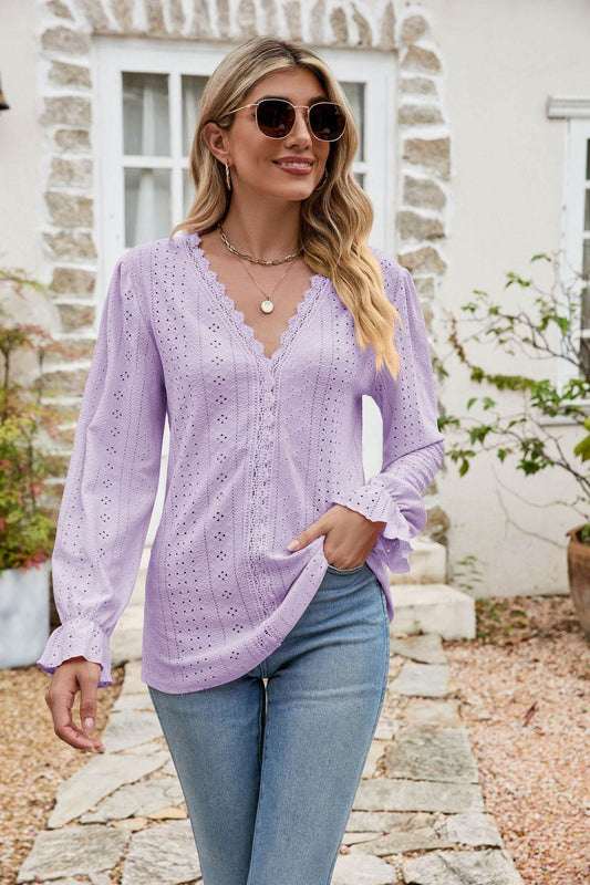 Eyelet Lace Trim Flounce Sleeve Blouse Trendsi 011583546e7a4b32b0a0aebb7b657ddd-Max