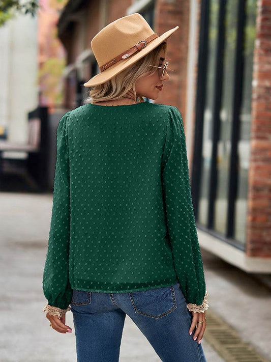 Swiss Dot V-Neck Long Sleeve Blouse Trendsi 0143f1df0a3c4b0186f5b8142dafe156-Max