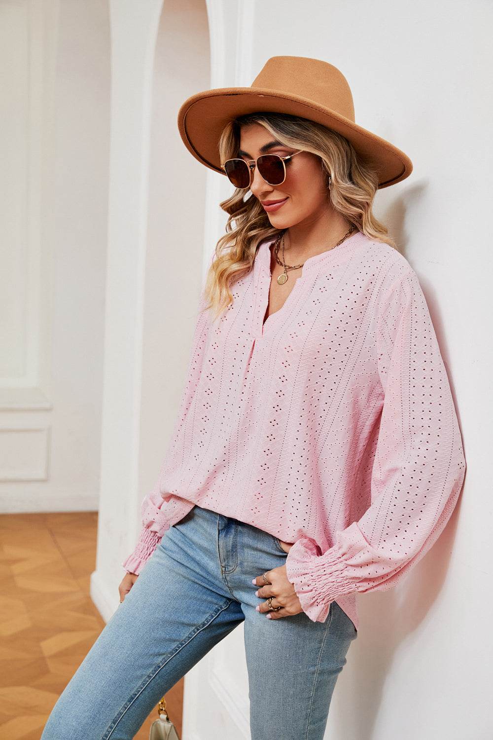 Notched Neck Flounce Sleeve Blouse Trendsi 014cb0786eed410cba4bd6dd5c1cc0c3-Max
