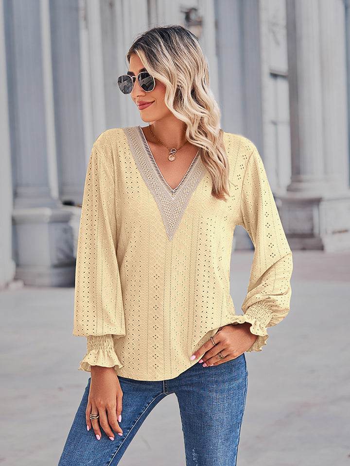 V-Neck Eyelet Flounce Sleeve Blouse Trendsi 015a090fd8b44a69a528f814f88fee5e-Max