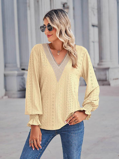 V-Neck Eyelet Flounce Sleeve Blouse Trendsi 015a090fd8b44a69a528f814f88fee5e-Max