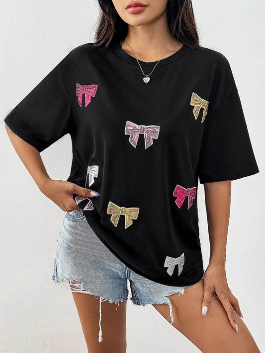 Sequin Bow Round Neck Short Sleeve T-Shirt Black Trendsi 0191e420612c4c8bb3f3347154259840-Max-Origin