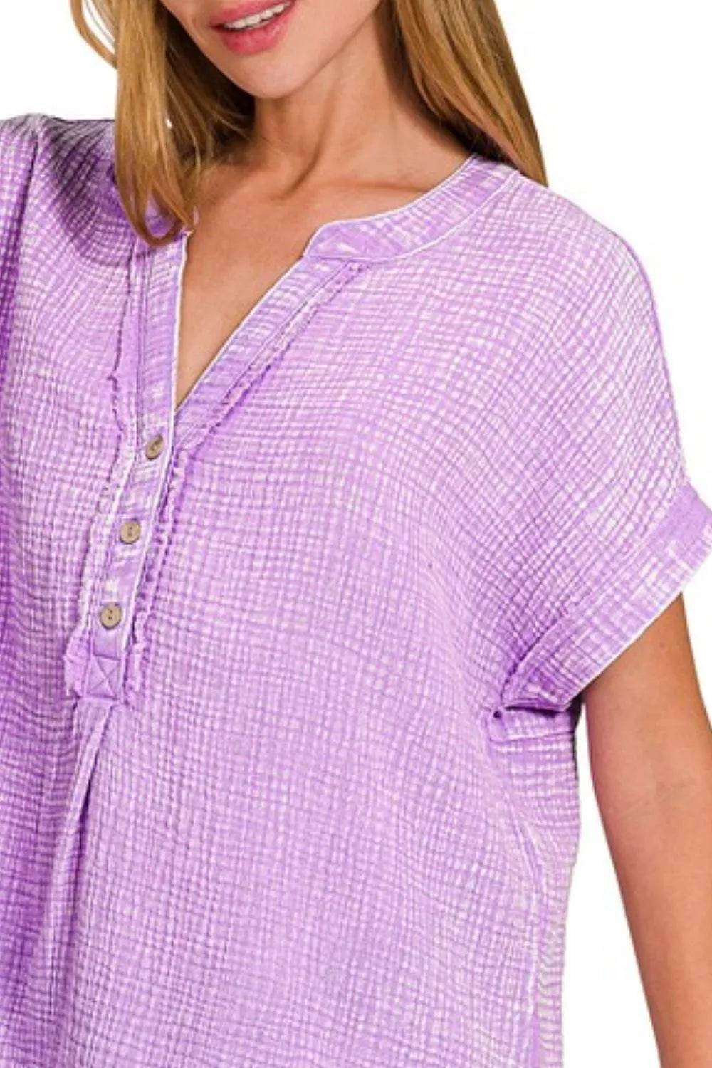 Zenana Washed Double Gauze 3/4 Button Henley Neck Shirt Trendsi 0191f5ed-3f0e-4281-860e-42b34b4457ec-Max-Origin