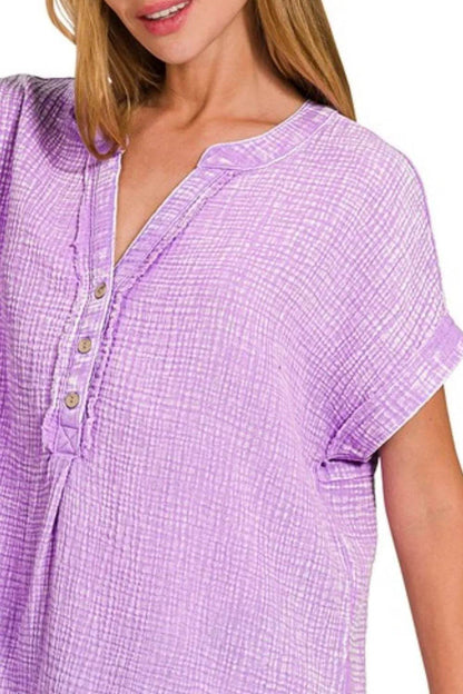 Zenana Washed Double Gauze 3/4 Button Henley Neck Shirt Trendsi 0191f5ed-3f0e-4281-860e-42b34b4457ec-Max-Origin