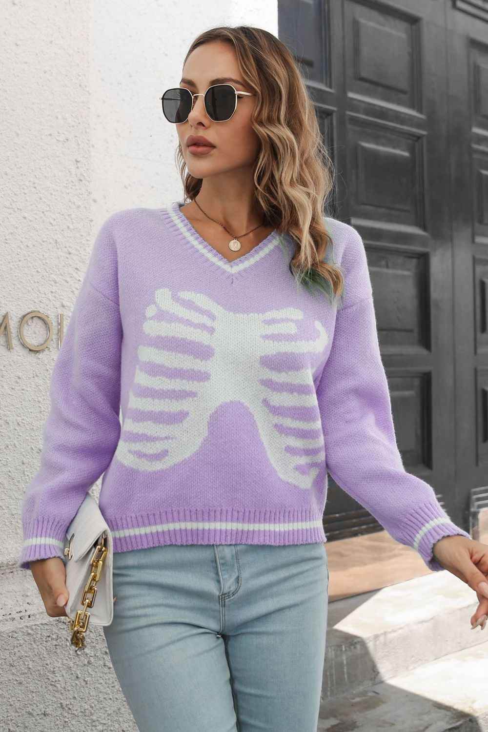 Skeleton Pattern V-Neck Long Sleeve Pullover Sweater Trendsi 01b975765d5a4e5eab52f2b42c061956-Max