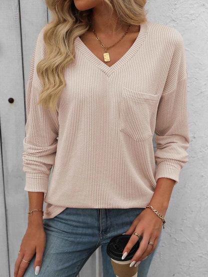 Ribbed V-Neck Long Sleeve T-Shirt Beige Trendsi 01d678d9-17ef-4820-9e64-75d04643c7b3-Max-Origin