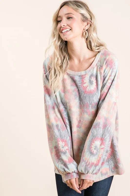 BiBi Brushed Tie Dye Print Top with Puff Sleeves Trendsi 01f10b19984143c7acd5320b649e95da-Max-Origin
