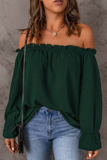 Off-Shoulder Flounce Sleeve Blouse Dark Green Trendsi 020551bcb1674f7e917055c1c50ecc48-Max