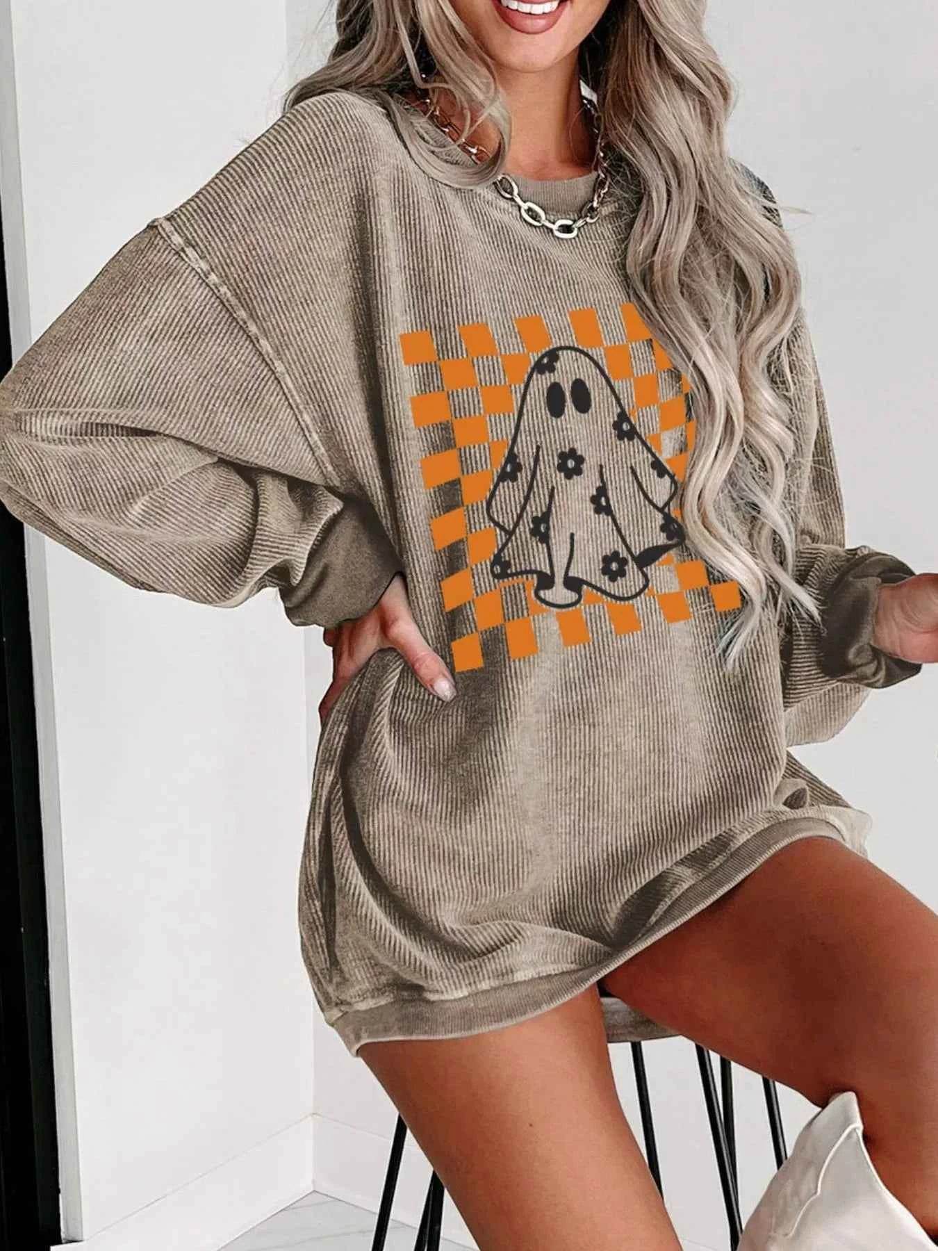 Halloween Checkerboard Floral Ghost Graphic Corded Sweatshirt Khaki Trendsi 02056464-5ac5-46f9-95ce-cea74392eae5-Max-Origin
