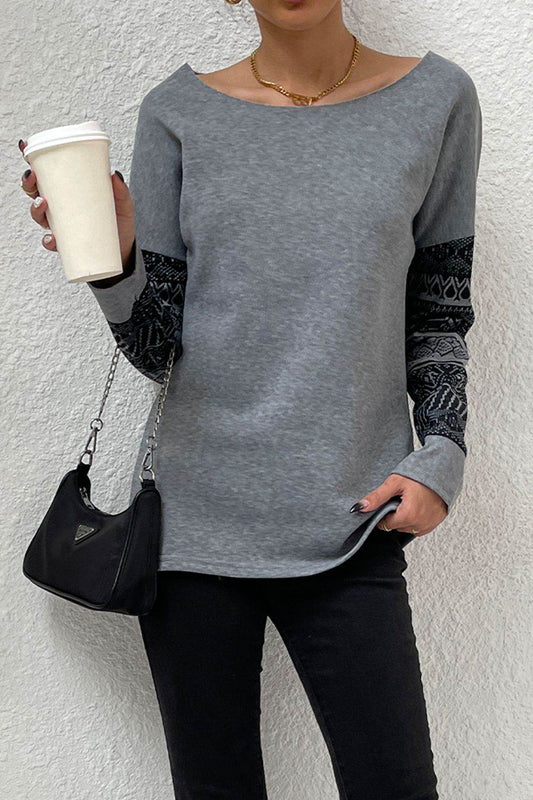 Shiny Boat Neck Long Printed Sleeve Blouse Charcoal Trendsi 0241bd27ff64437086ce82e860d4f078-Max