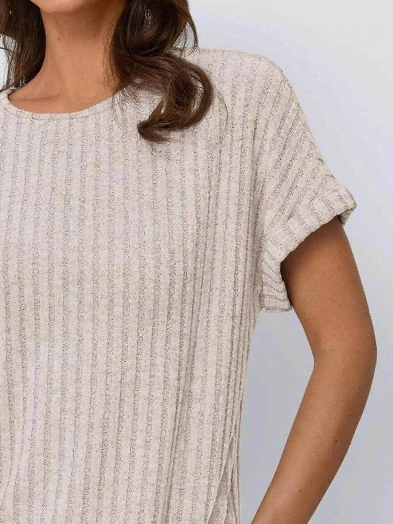 Casual Ribbed Knit Short Sleeve T-Shirt Trendsi 0257d263-2f21-4b64-b1e0-8ed4200651f7-Max-Origin