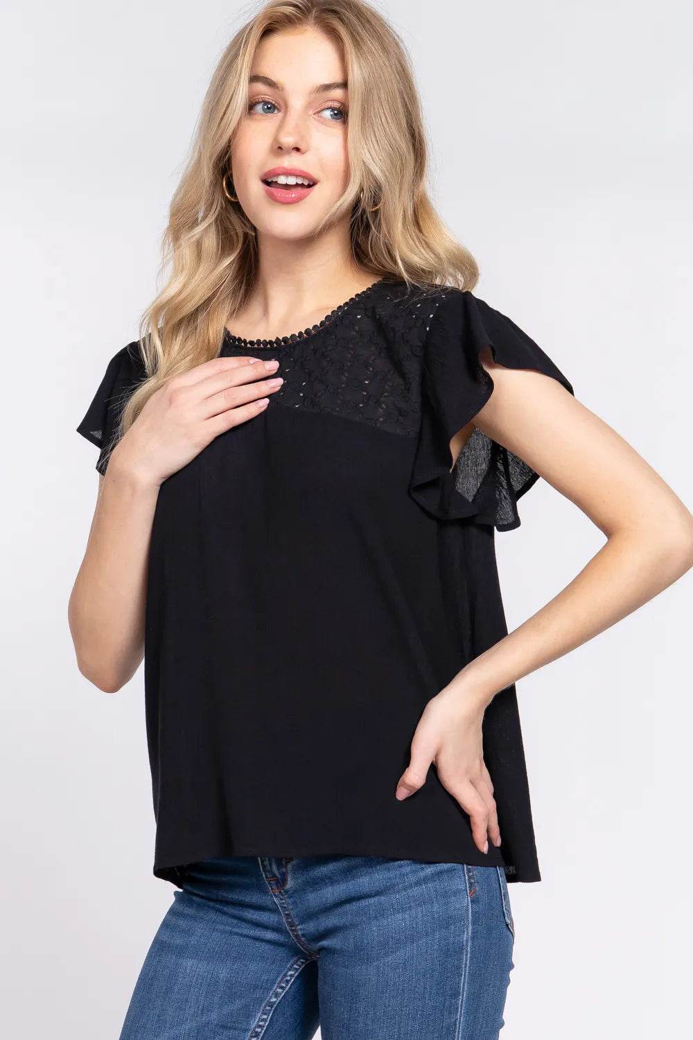 ACTIVE BASIC Ruffle Short Sleeve Crochet Blouse Trendsi 027c3501-3774-4d03-92aa-03dd2eebb313-Max