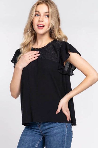 ACTIVE BASIC Ruffle Short Sleeve Crochet Blouse Trendsi 027c3501-3774-4d03-92aa-03dd2eebb313-Max