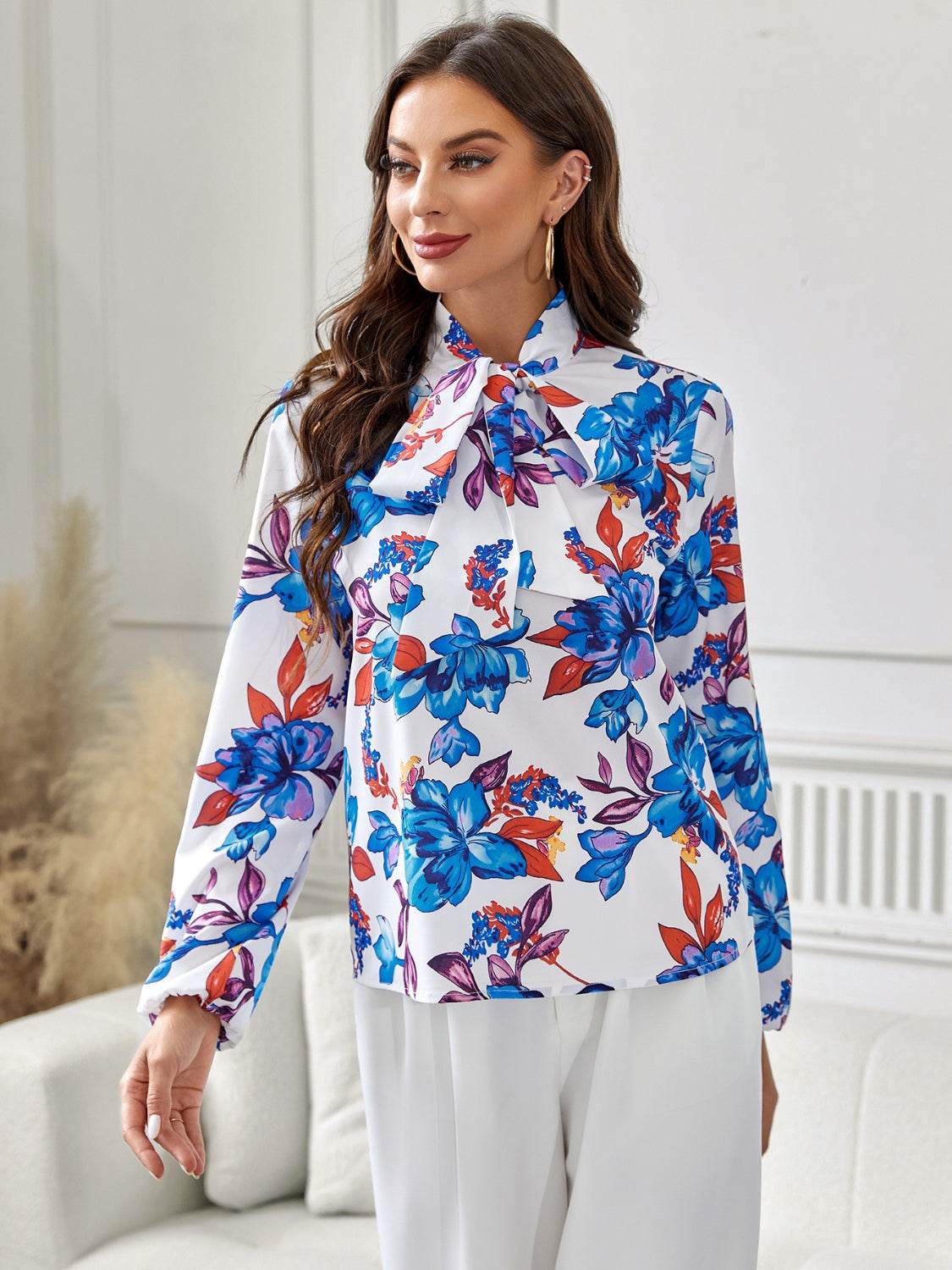 Floral Tie Neck Long Sleeve Blouse Trendsi 029333ed0b334a0d897b58515f57f953-Max