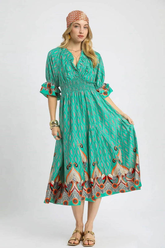 Umgee Printed Smocked Waist Flounce Sleeve Midi Dress Turquoise Trendsi 02b32d88-28bb-406e-93ff-0c537c38cdec-Max-Origin