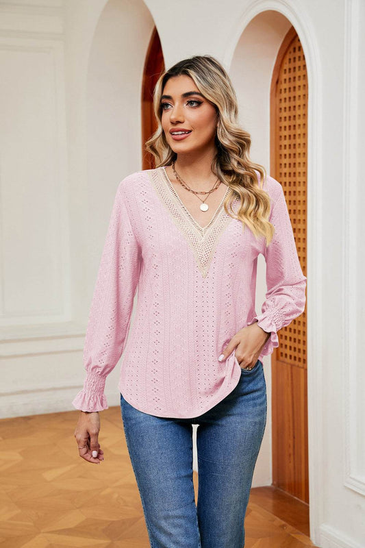 Contrast Flounce Sleeve Blouse Blush Pink Trendsi 02c00bbc46964d2595f6cf2ef0f27bd7-Max