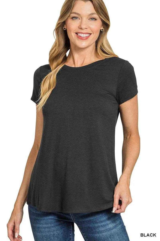 Zenana Flowy Round Hem Rayon Short Sleeve T-Shirt BLACK Trendsi 02c1908952a942dfa79a0910acb31168-Max-Origin