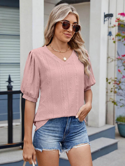 Eyelet V-Neck Puff Sleeve Casual Top Trendsi 02c71cf4514e402fae380aaa6cb6af0f-Max-Origin