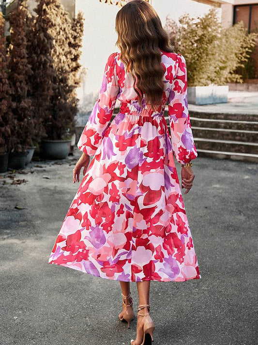 Devine Printed V-Neck Long Sleeve Midi Dress Trendsi 02d75d10b2c841368b796b5cb69695b2-Max