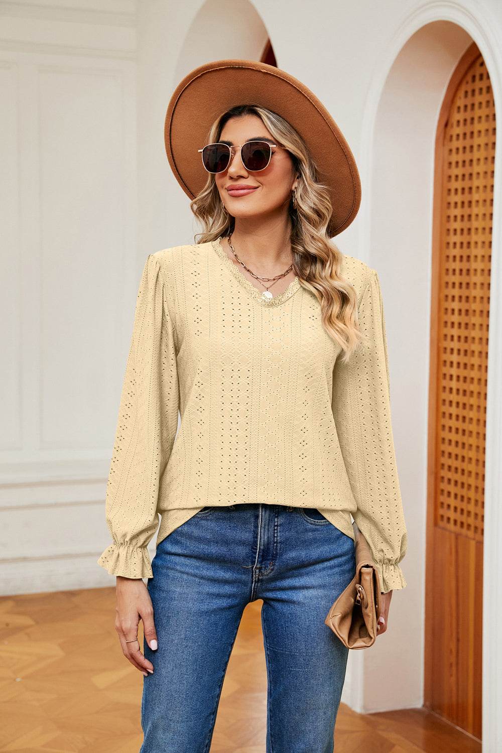 V-Neck Flounce Sleeve Blouse Trendsi 02d8dabab48d4372a8d2e30166b00520-Max