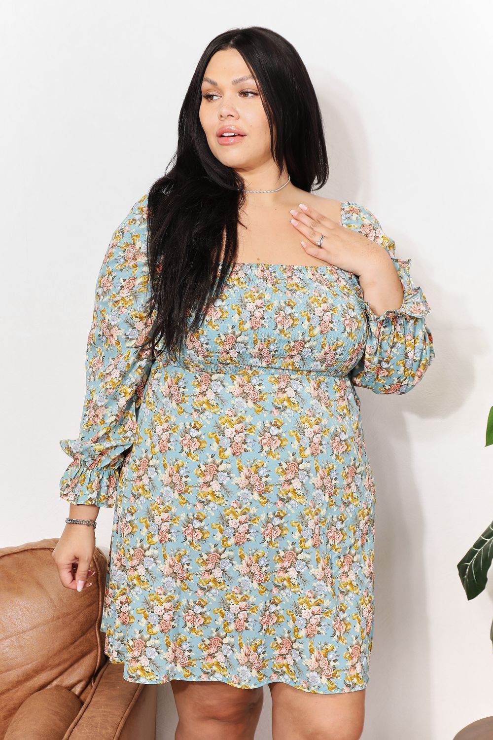 Honey Floral Smocked Flounce Sleeve Square Neck Dress Trendsi 02dbd0e8165d484c874f4631bb868f0c-Max