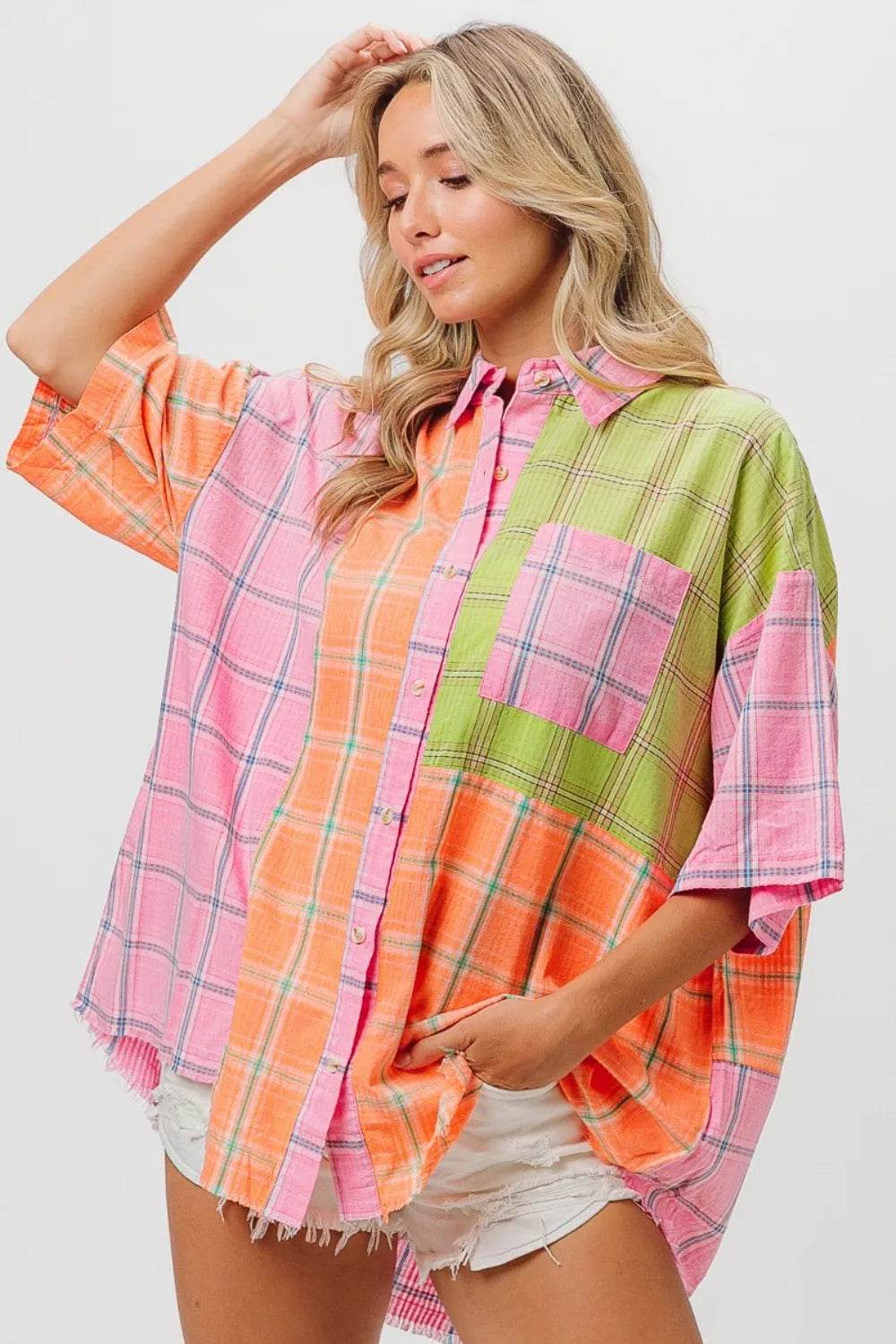 BiBi Plaid Collared Neck Half Sleeve Shirt Trendsi 02fe7b43-7a7f-460e-bd06-96328d5c9faf-Max