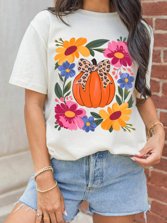 Pumpkin Floral Graphic Round Neck T-Shirt White Trendsi 031138f381094ddf96a68a3845c61f99-Max-Origin