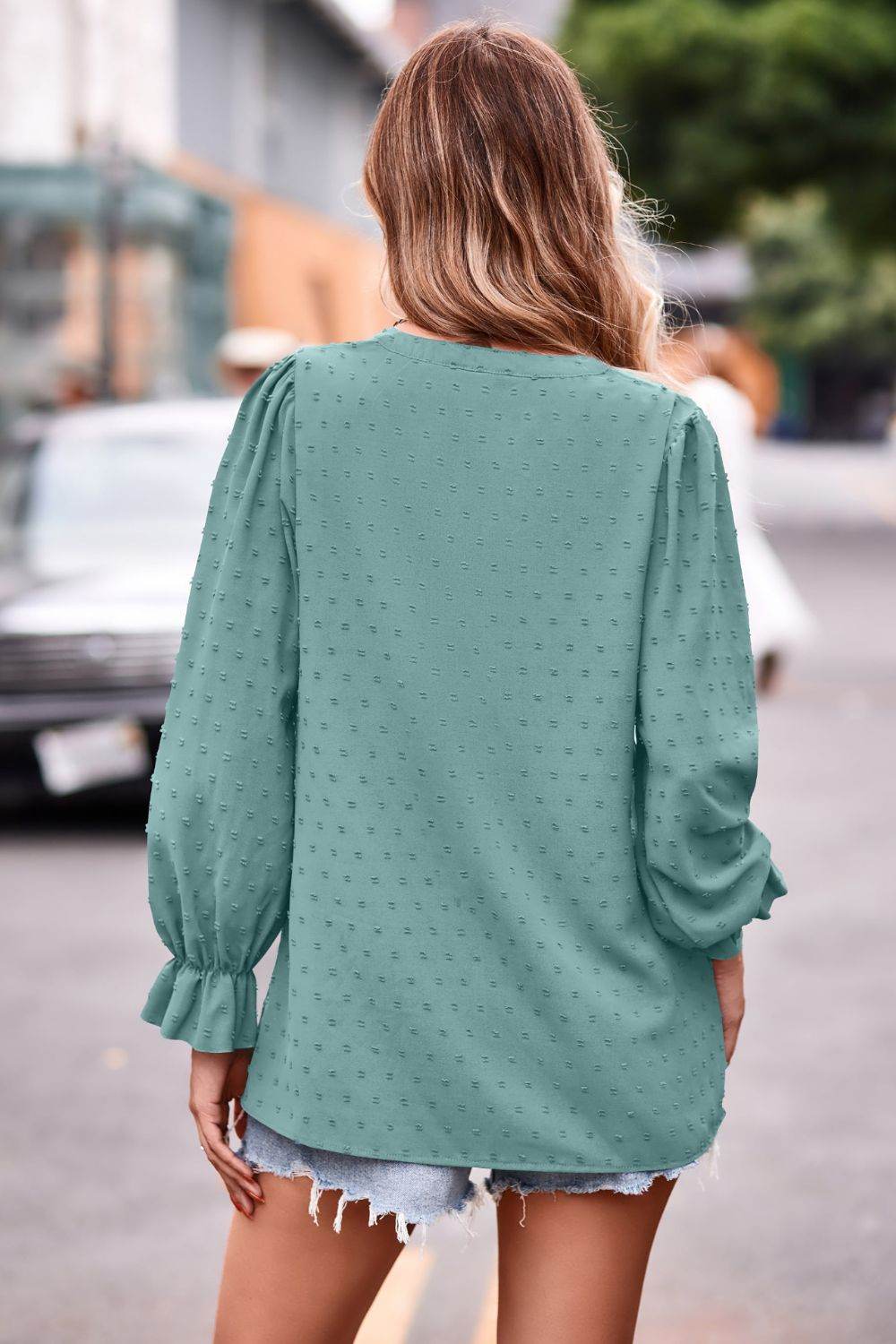 Swiss Dot Notched Neck Flounce Sleeve Blouse Trendsi 031a6483e2754724bfd08d360add0b3e-Max