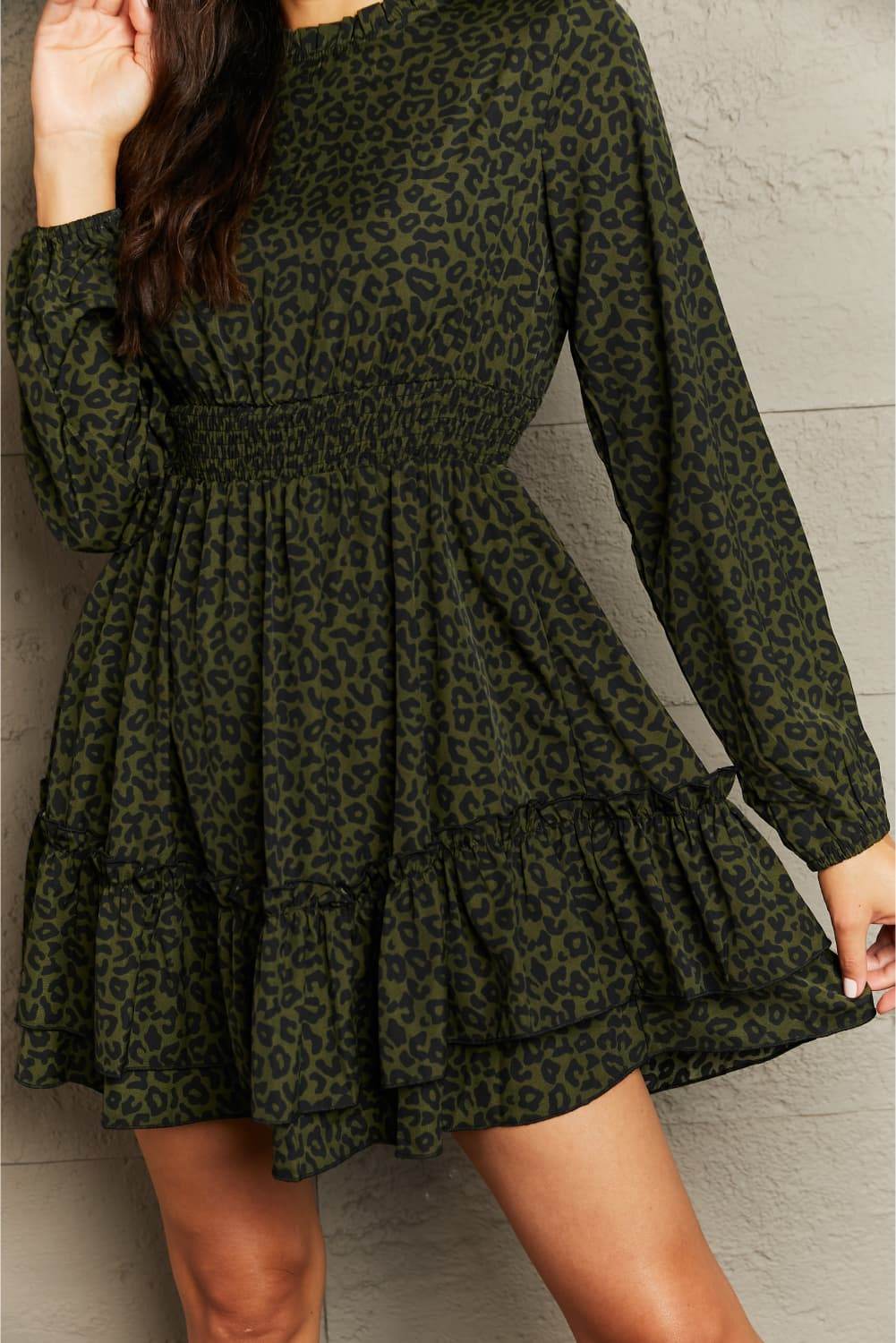 Honey Leopard Smock Waist Long Sleeve Dress Trendsi 032c4410ee6a4320bce944483a9f9516-Max