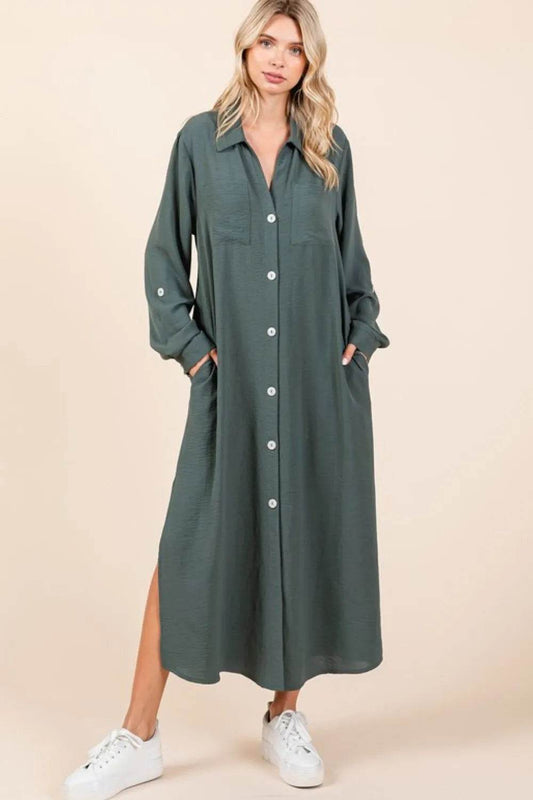 Mittoshop Airflow V-Neck Long Sleeve Button Down Maxi Dress Lt Hunter Trendsi 03766f94-bc8c-4715-a960-28434b670f96-Max