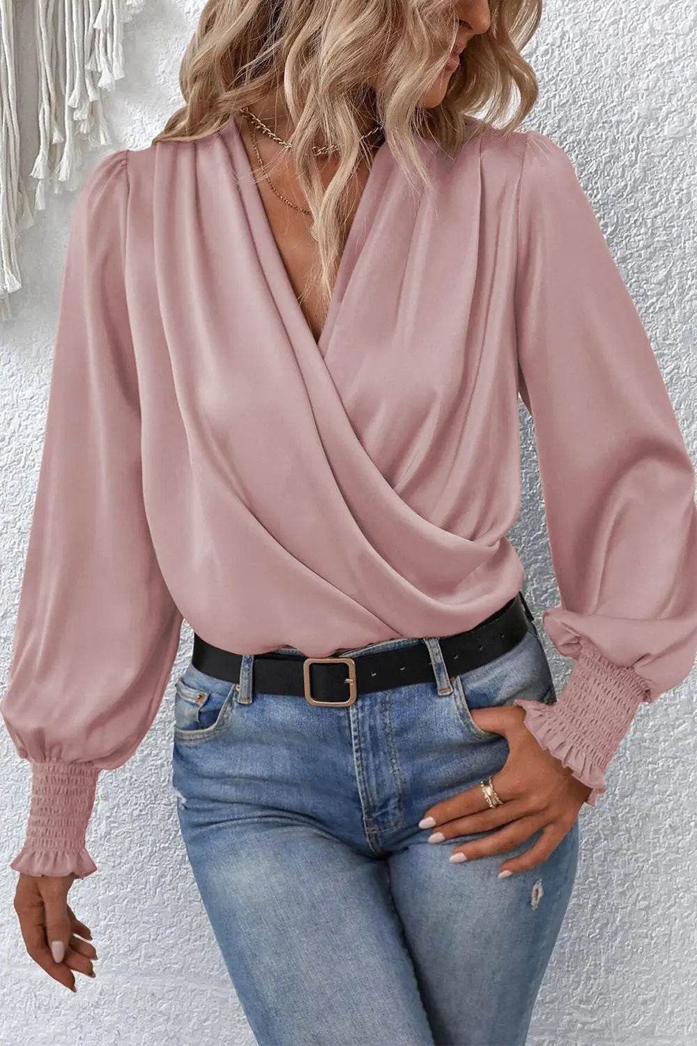 Surplice Neck Lantern Sleeve Blouse Light Mauve Trendsi 037ccb0b3f394484932aa5c844db05df-Max