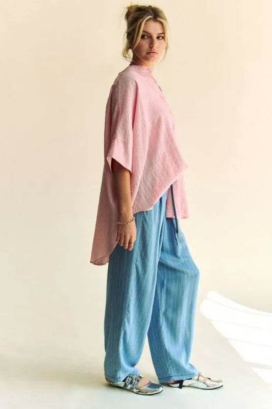 Davi & Dani Rhinestone Pleat Back Short Sleeve Loose Fit Shirt Trendsi 03873e175ca64ff48cec105c260b3429-Max-Origin