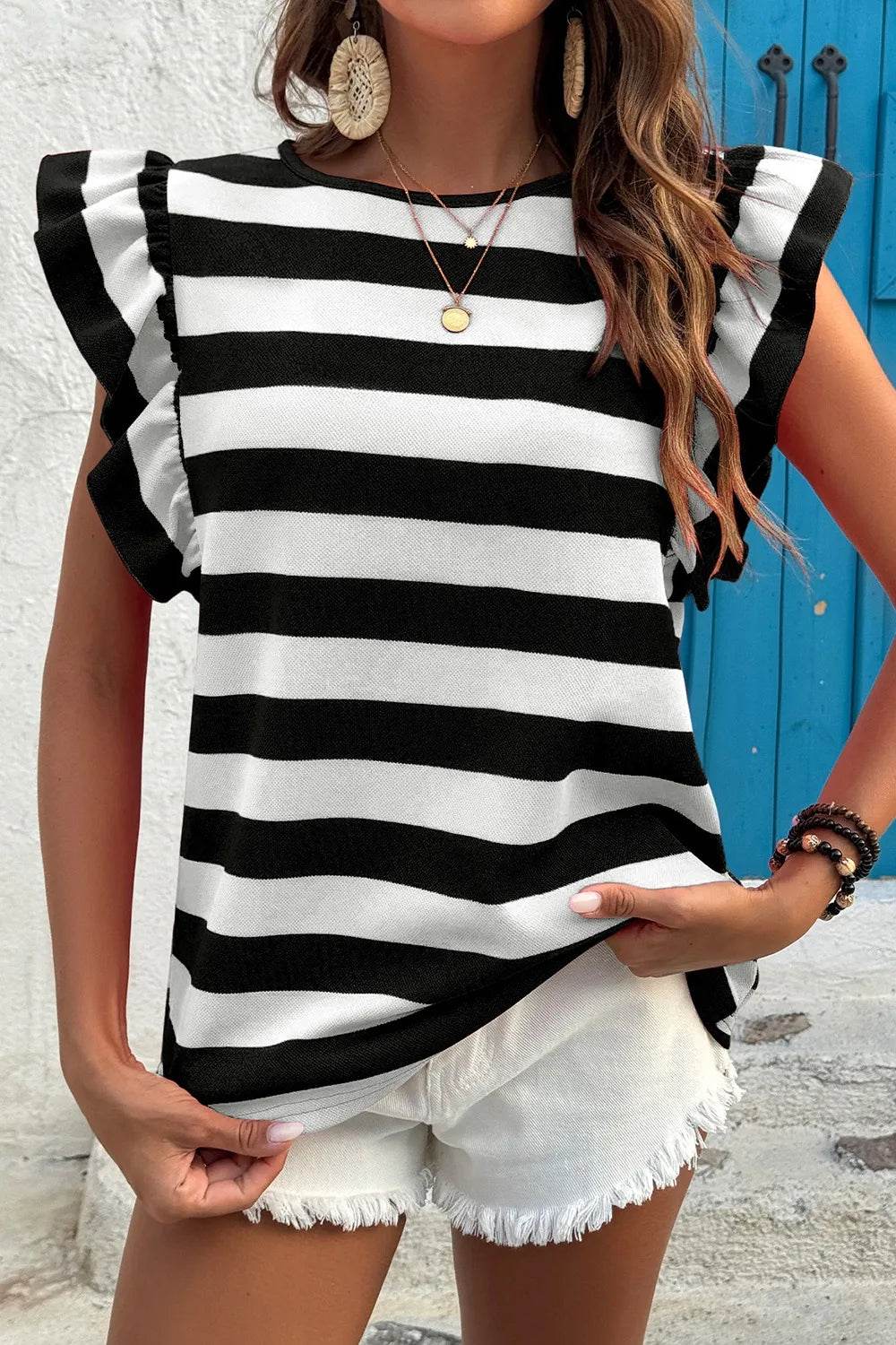 Ruffle Sleeve Striped T-Shirt Trendsi 03facb1d-b2e5-468b-b336-5b8ff4fc3274-Max-Origin