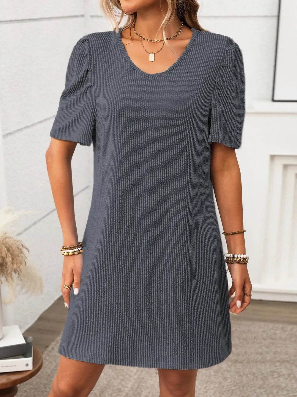 Textured Round Neck Short Sleeve Mini Dress Trendsi 041739eb-ddfc-477b-8509-25d1270ab10f-Max