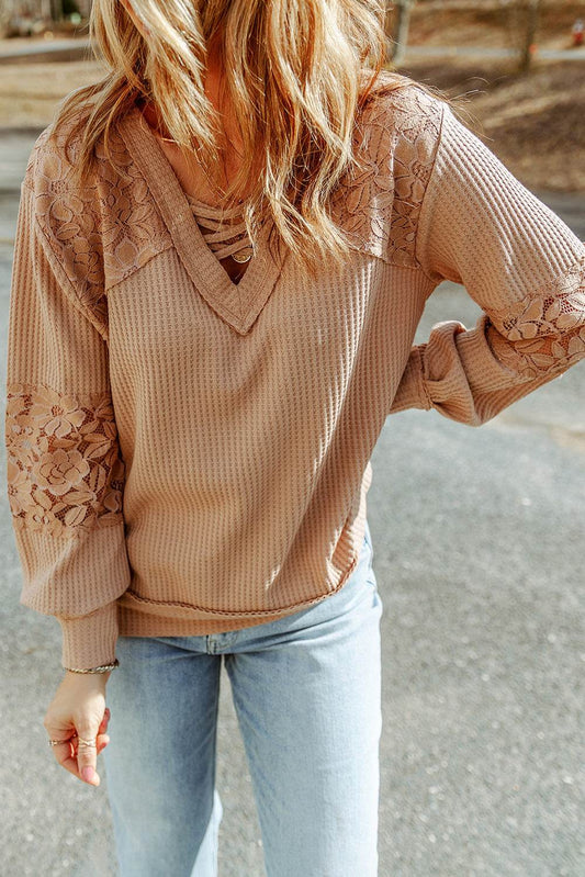 Crisscross V-Neck Waffle-Knit Top Camel Trendsi 04266c24be044fa482da37d92e70c5f8-Max