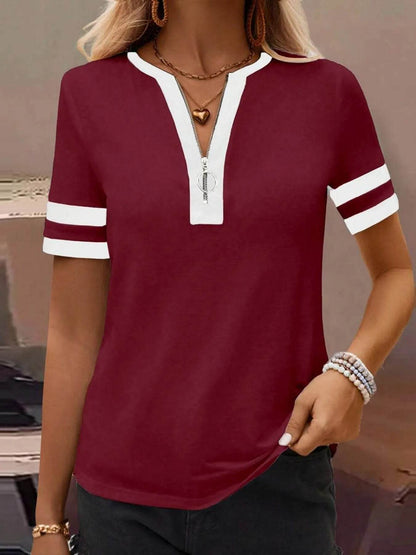 Striped Short Sleeve Half Zip Top Burgundy Trendsi 0435ea9d3d9b45d8b66b1266c0a70261-Max-Origin