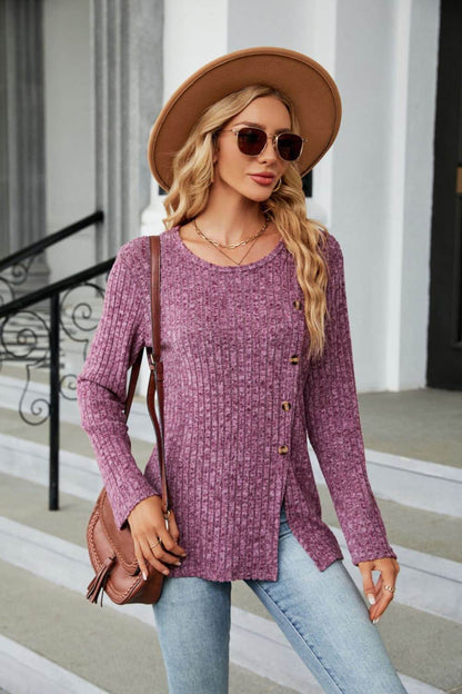 Buttoned Long Sleeve Slit Top Red-Violet Trendsi 044e0483bfc443fa9359d4e926f2169b-Max