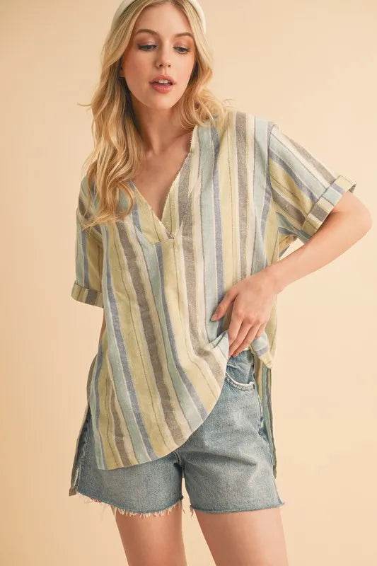 Aemi+Co Side Slit Striped Short Sleeve Blouse BLUE GREEN Trendsi 045f8a9ee2694bca90dddc5c544eb92c-Max-Origin